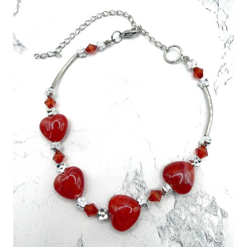 Red Heart Bead Necklace Adjustable 10–14" Child or Small Dog Gift NWT